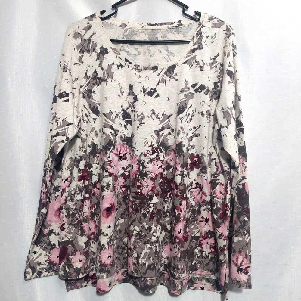 Pure Jill Women Large Pullover Blouse Cotton High Low Slit Hem Scoop Neck Floral